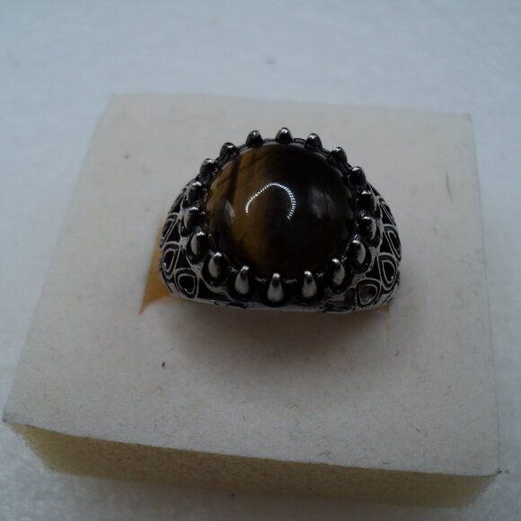 Tigers Eye 12mm oxidized stainless steel ring size 8 POS168 - Picture 1 of 4